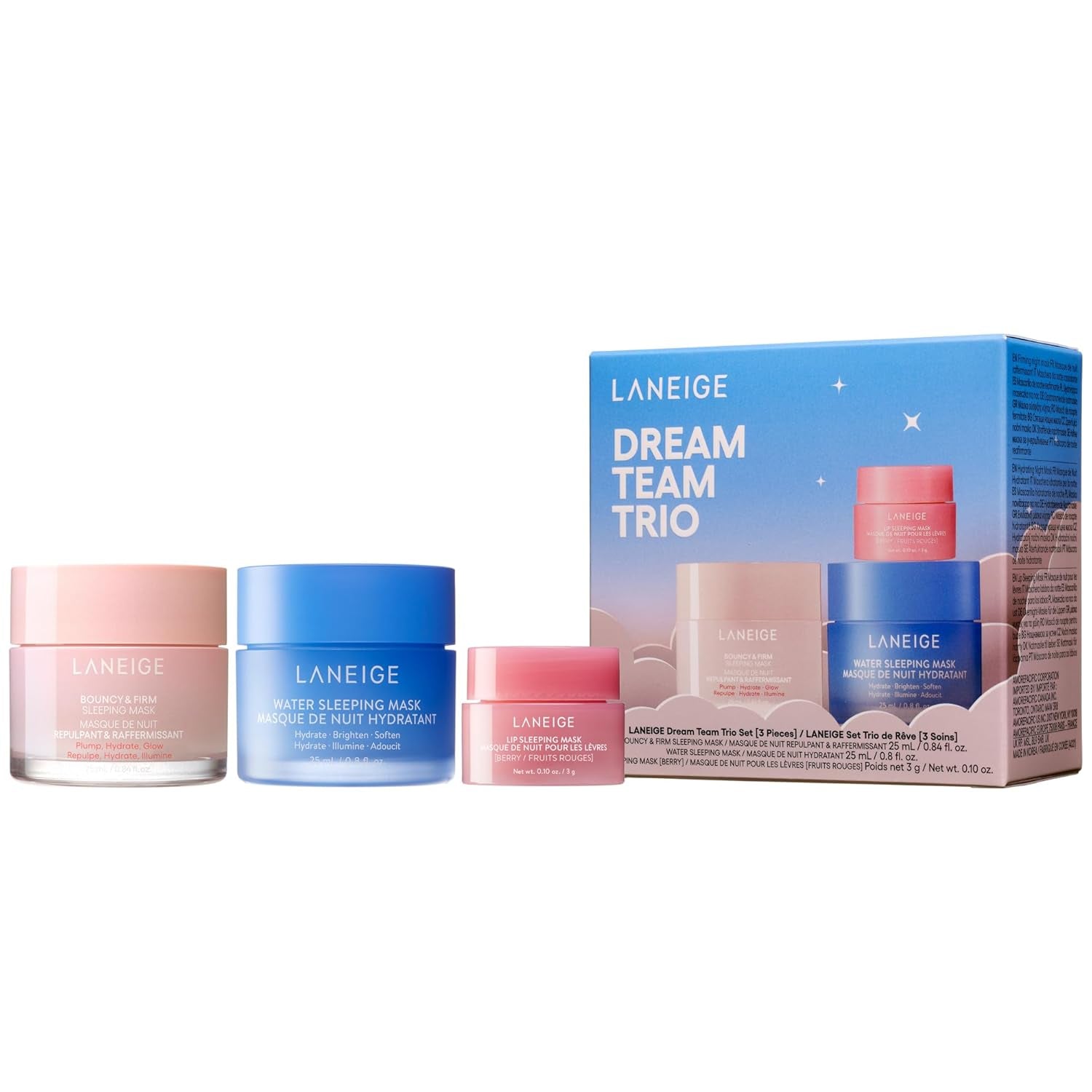 Dream Team Trio: Water Sleeping Mask, Lip Sleeping Mask, Bouncy and Firm Mask, Barrier-Boosting Hydration Travel Sized