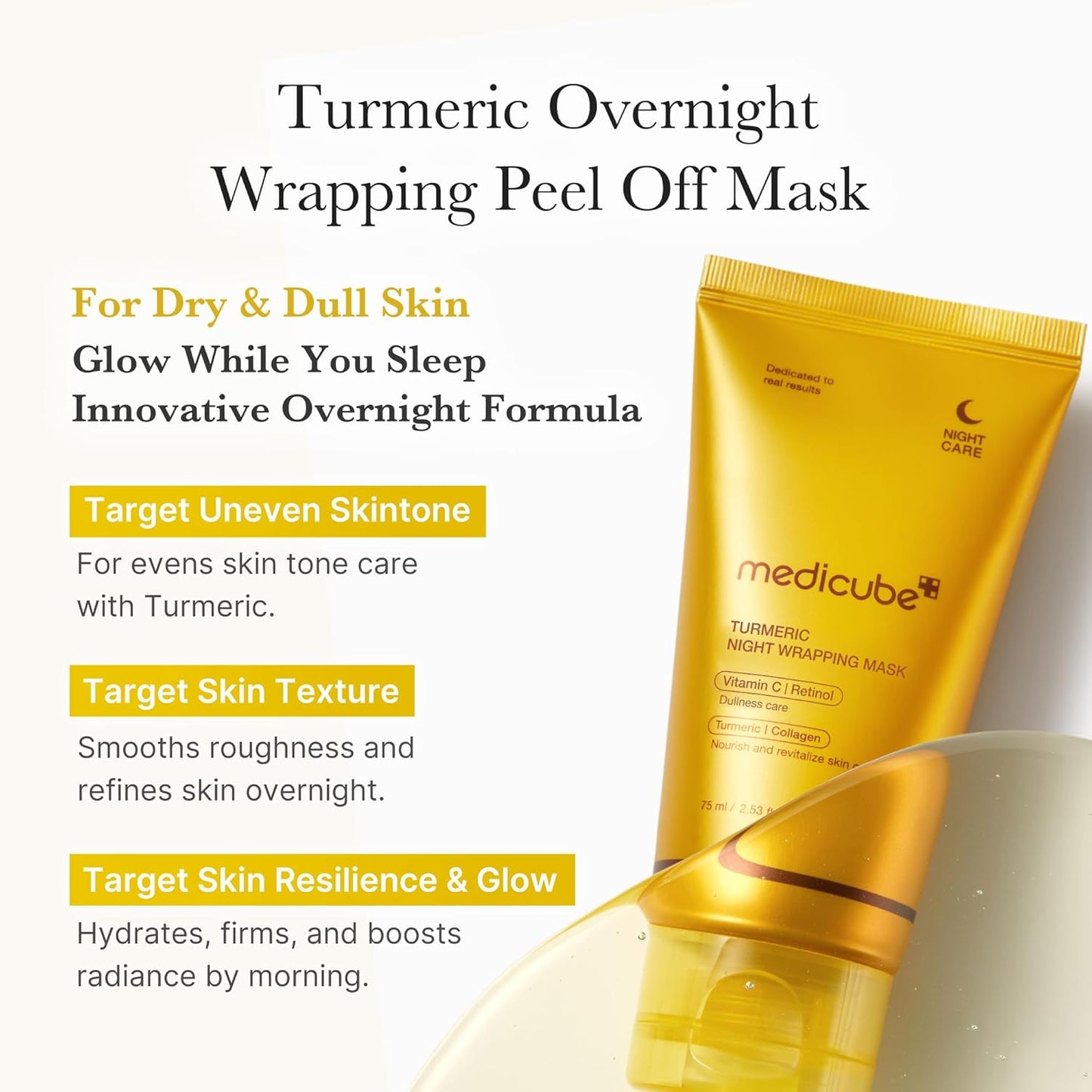 Turmeric Overnight Wrapping Peel off Mask - Nourishes Dull, Uneven Skin with Hydrolyzed Collagen for Glowing Skin and Improved Elasticity. Korean Skincare, 2.53 Fl. Oz.