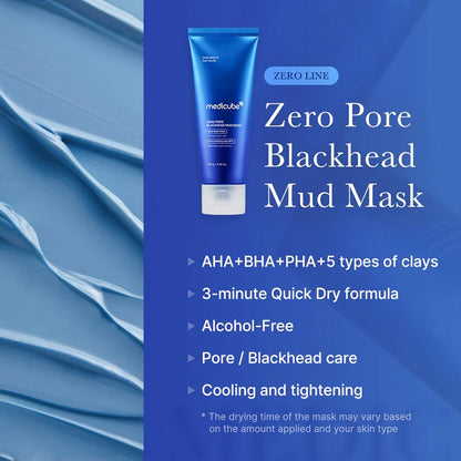 Zero Pore Blackhead Mud Facial Mask - Skin Cooling & Pore Tightening - 3 Minute Quick Dry Formula with AHA, BHA, PHA, and Pore-Purifying Clay - Korean Mud Mask 3.52 Oz