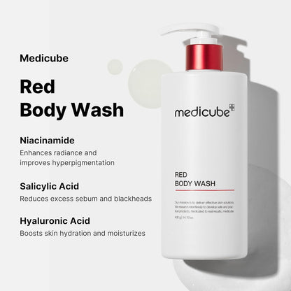 Red Acne Body Wash 14.10 Fl.Oz I Low Ph and Hydrating Cleanser with Salicylic Acid, Lactic Acid, Niacinamide and Hyaluronic Acid Suitable for Bacne Treatment | Korean Skin Care