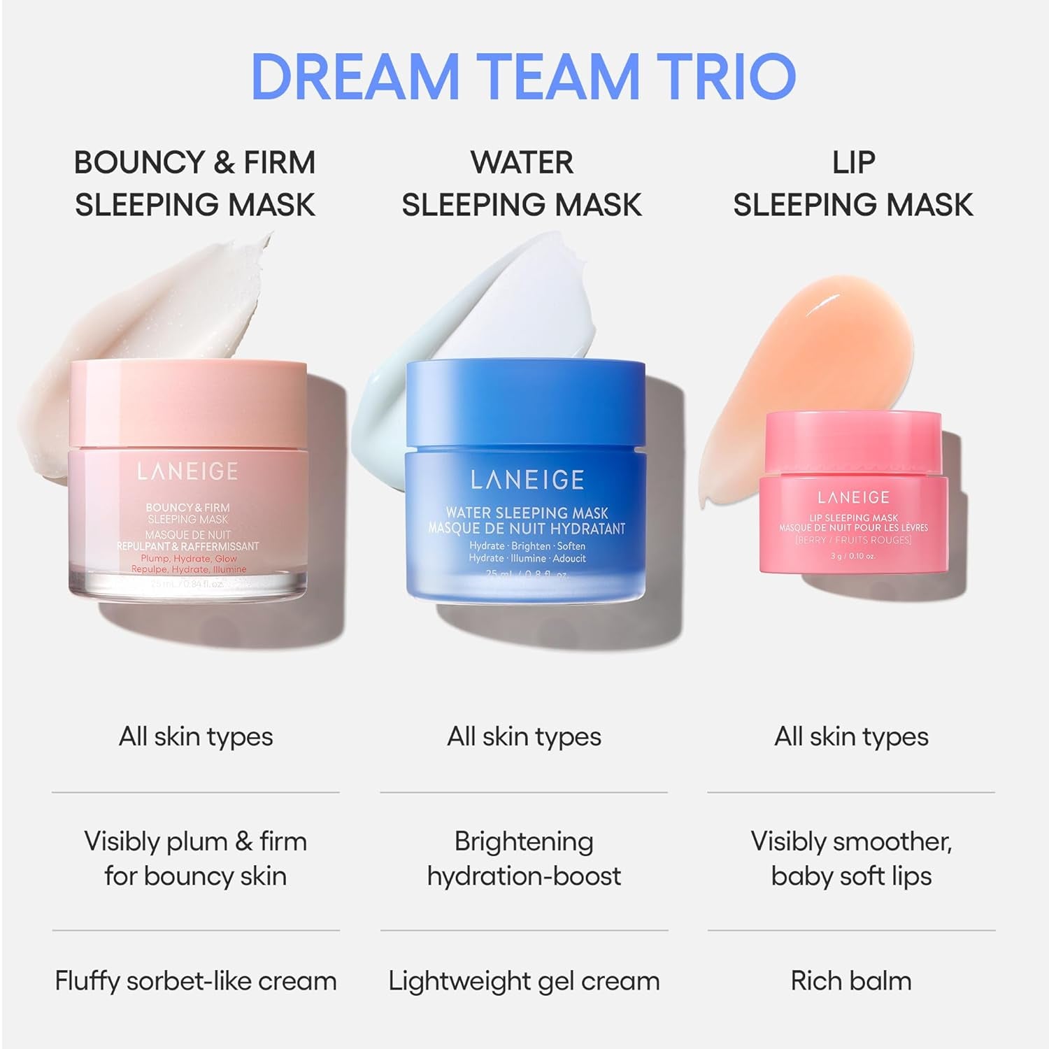 Dream Team Trio: Water Sleeping Mask, Lip Sleeping Mask, Bouncy and Firm Mask, Barrier-Boosting Hydration Travel Sized