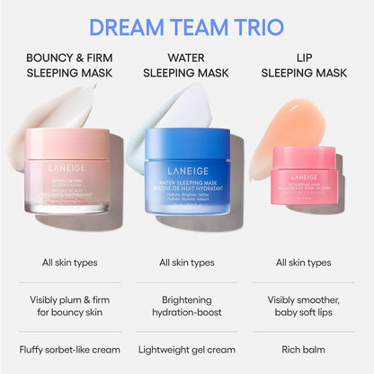 Dream Team Trio: Water Sleeping Mask, Lip Sleeping Mask, Bouncy and Firm Mask, Barrier-Boosting Hydration Travel Sized