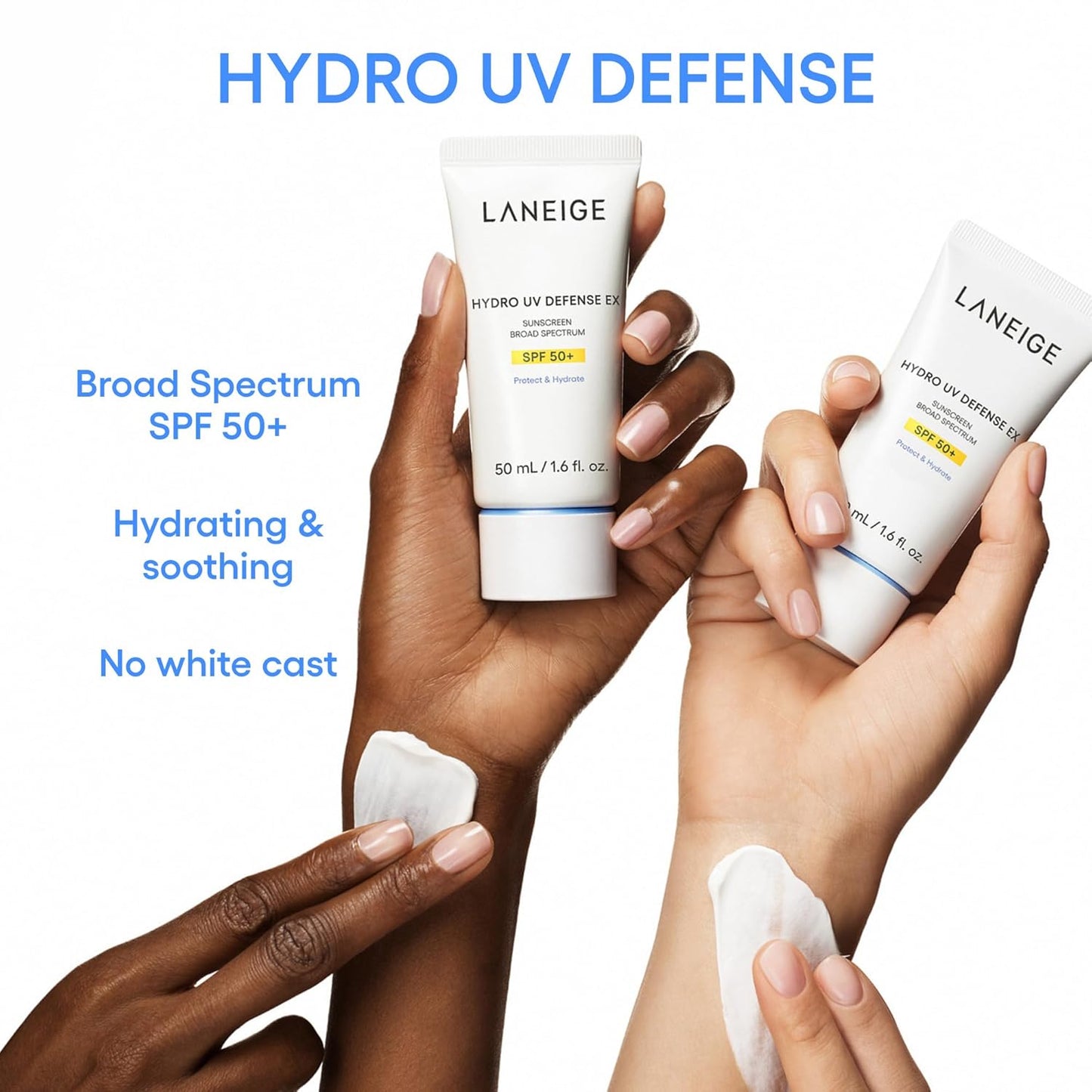 LANEIGE Hydro UV Defense Sunscreen Broad Spectrum SPF 50+: Korean Sunscreen, No White Cast, Dermatologically Tested, Hypoallergenic